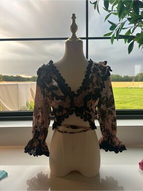 Olivaceous Pink Floral Wrap Blouse with Black Lace Trim